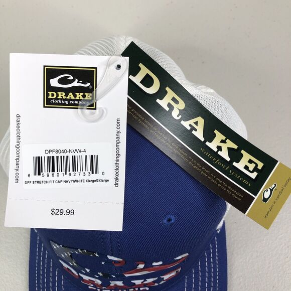 Drake DPF Fishing Hat Blue Mens L/XL Stretch Fit Ball Cap USA Flag Logo New NWT - Picture 8 of 8
